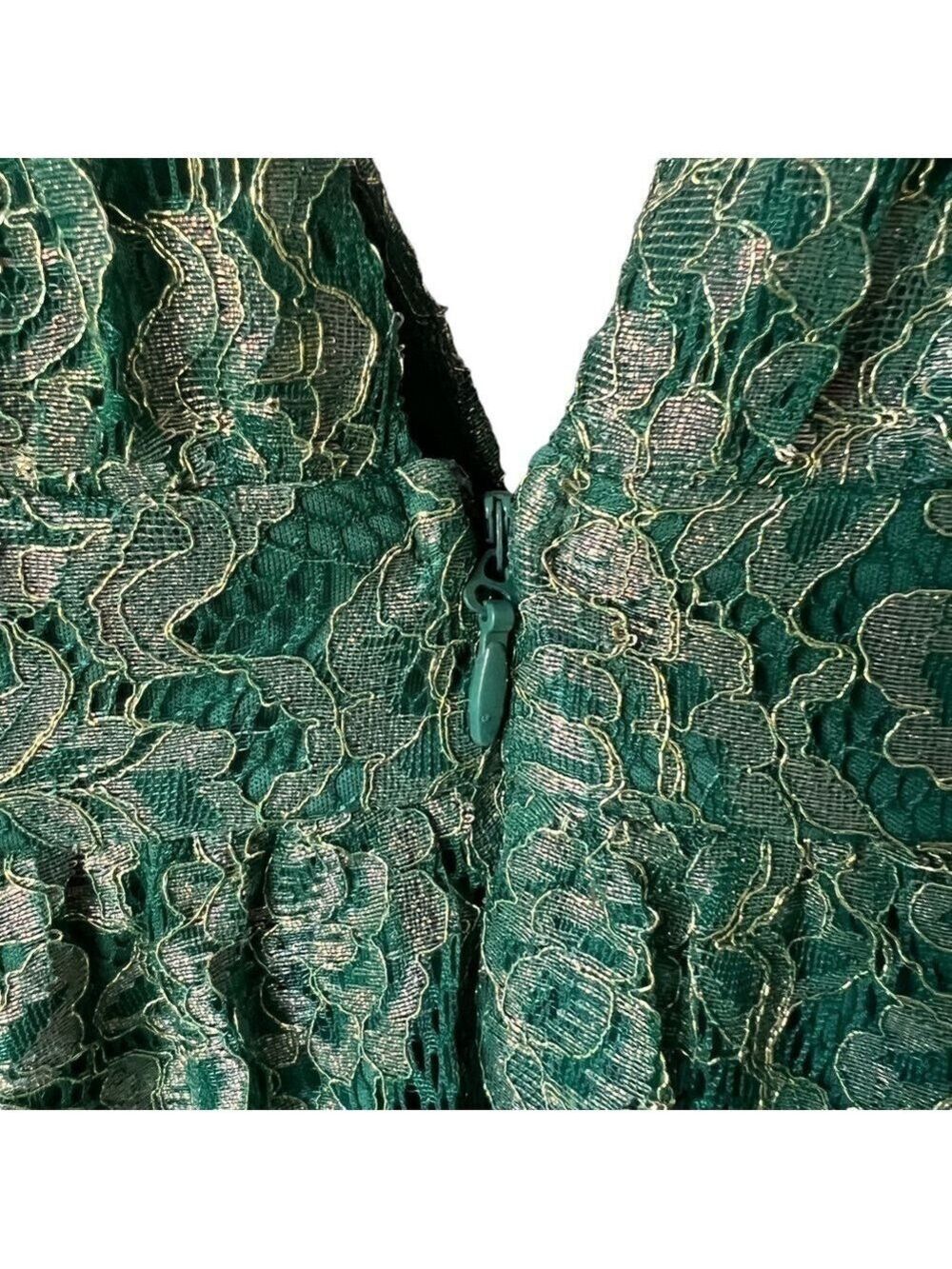 Lulus Tawny Green Metallic Skater Dress Floral Lace Deep V-Neck Size Small NWT - Picture 9 of 14